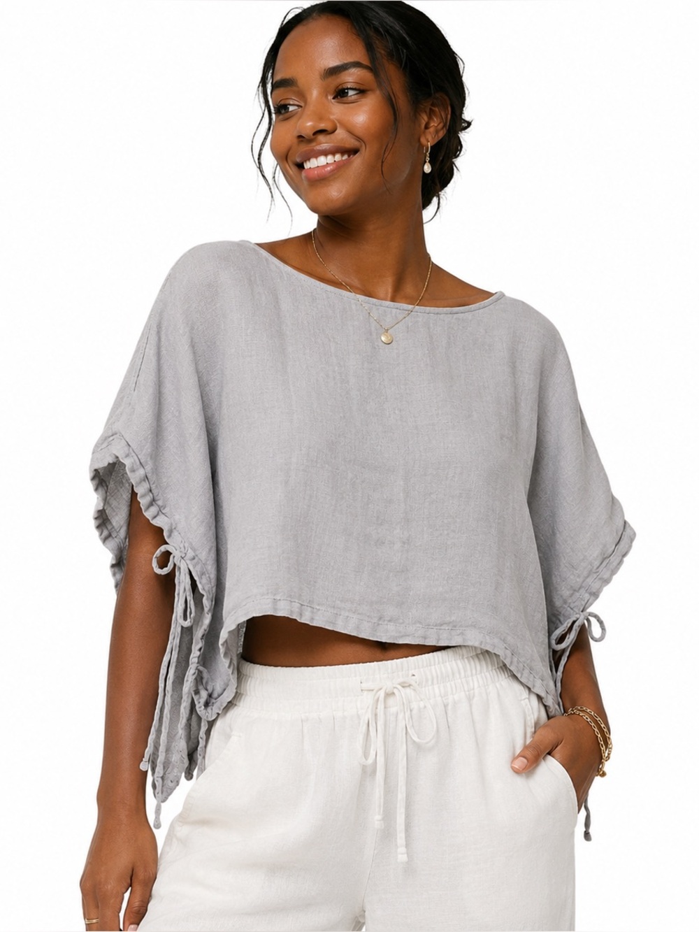 SPARTINA 449 Gray 100% Linen Open Side Tie Boho Crop Top S/M